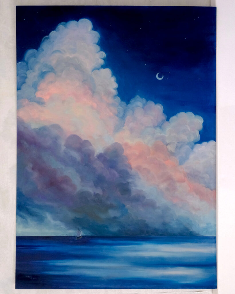 Painting of pink and blue clouds above a dark sea beneath a crescent moon