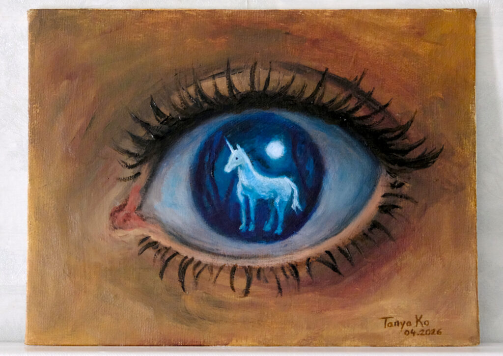 Painting of a blue eye with a white unicorn reflected in its pupil
