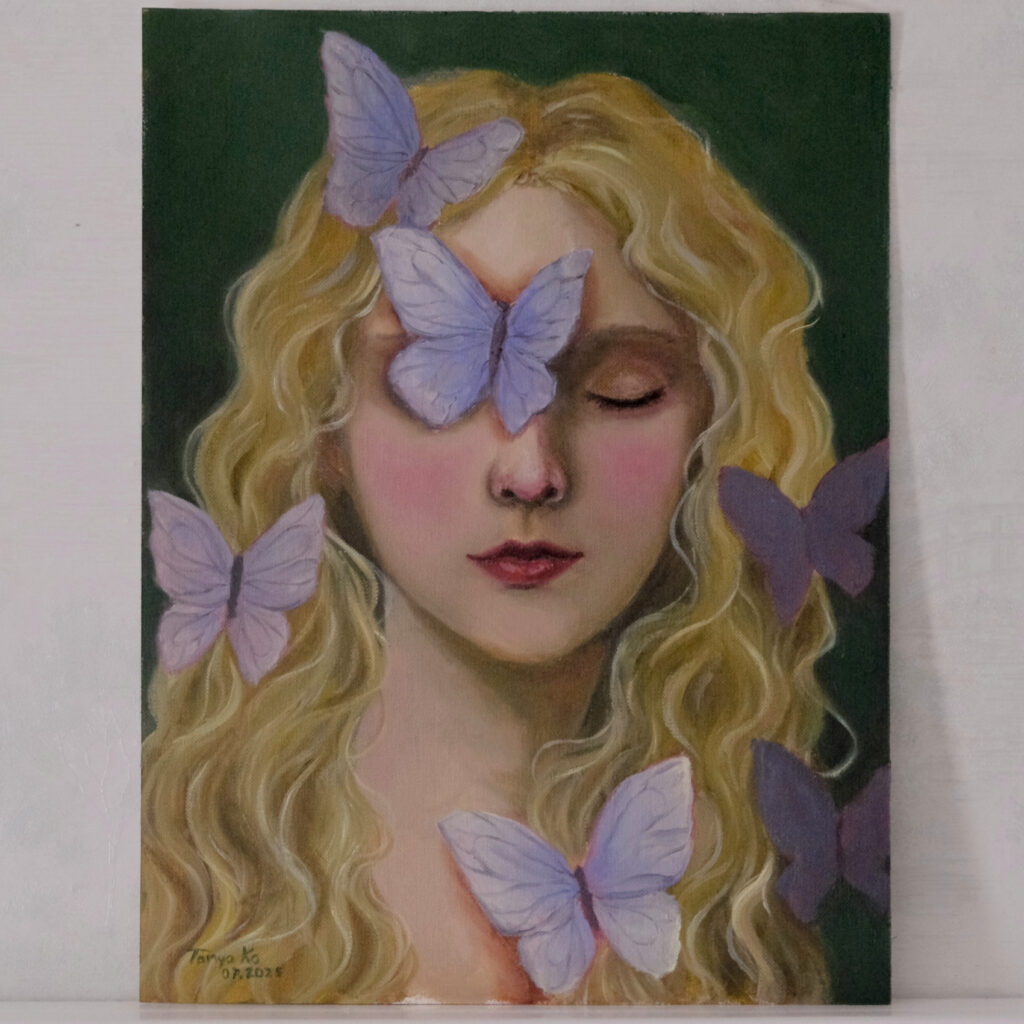 Painting of a blonde woman with closed eyes surrounded by purple butterflies